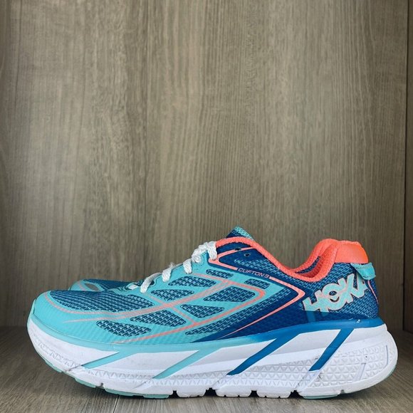 Hoka One One Sneakers Women's Sz 6W Clifton 3 Athletic Running Shoes Blue Orange - Picture 3 of 11